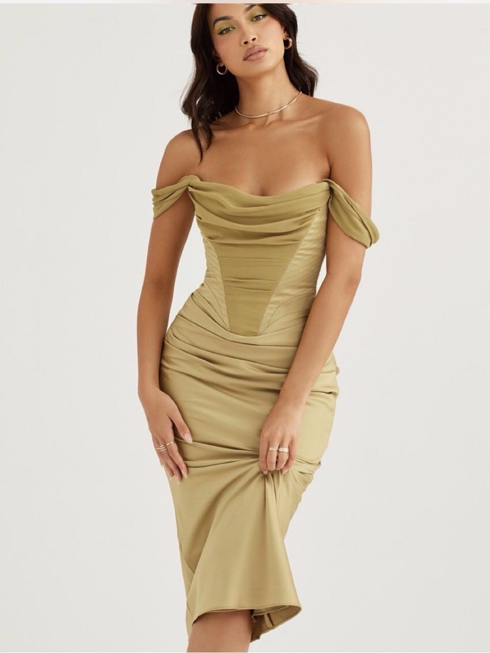 House of CB Olive One-Shoulder Draped Midi Dress